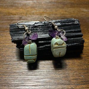 Wooden Scarab and Amethyst Dangle Earrings